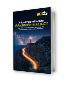 The cover of A Roadmap to Finance Digital Transformation in 2025 report featuring a lighthouse on a rocky cliff with a glowing road leading towards it set against a starry night sky
