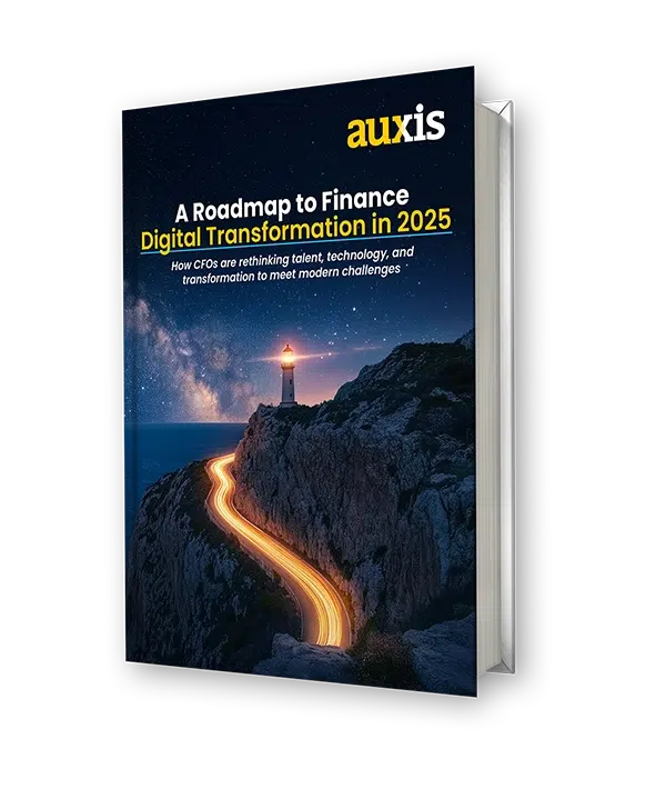 The cover of A Roadmap to Finance Digital Transformation in 2025 report featuring a lighthouse on a rocky cliff with a glowing road leading towards it set against a starry night sky