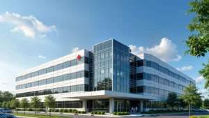Modern healthcare building with a red cross symbol on the facade