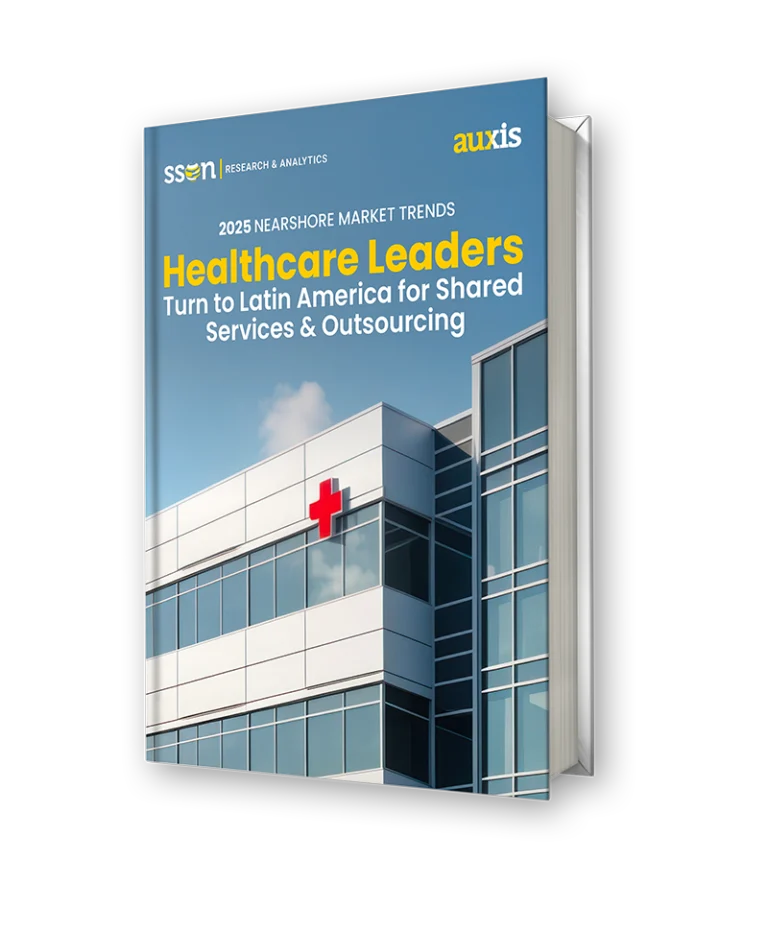 2025 Nearshore Market Trends report cover featuring a healthcare building with a red cross logo