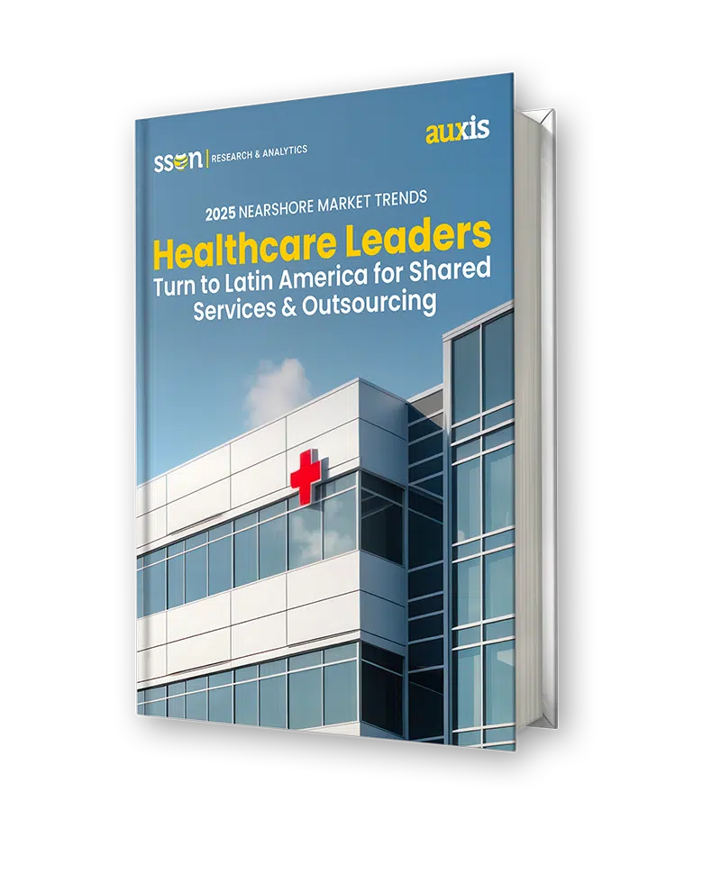 2025 Nearshore Market Trends report cover featuring a healthcare building with a red cross logo