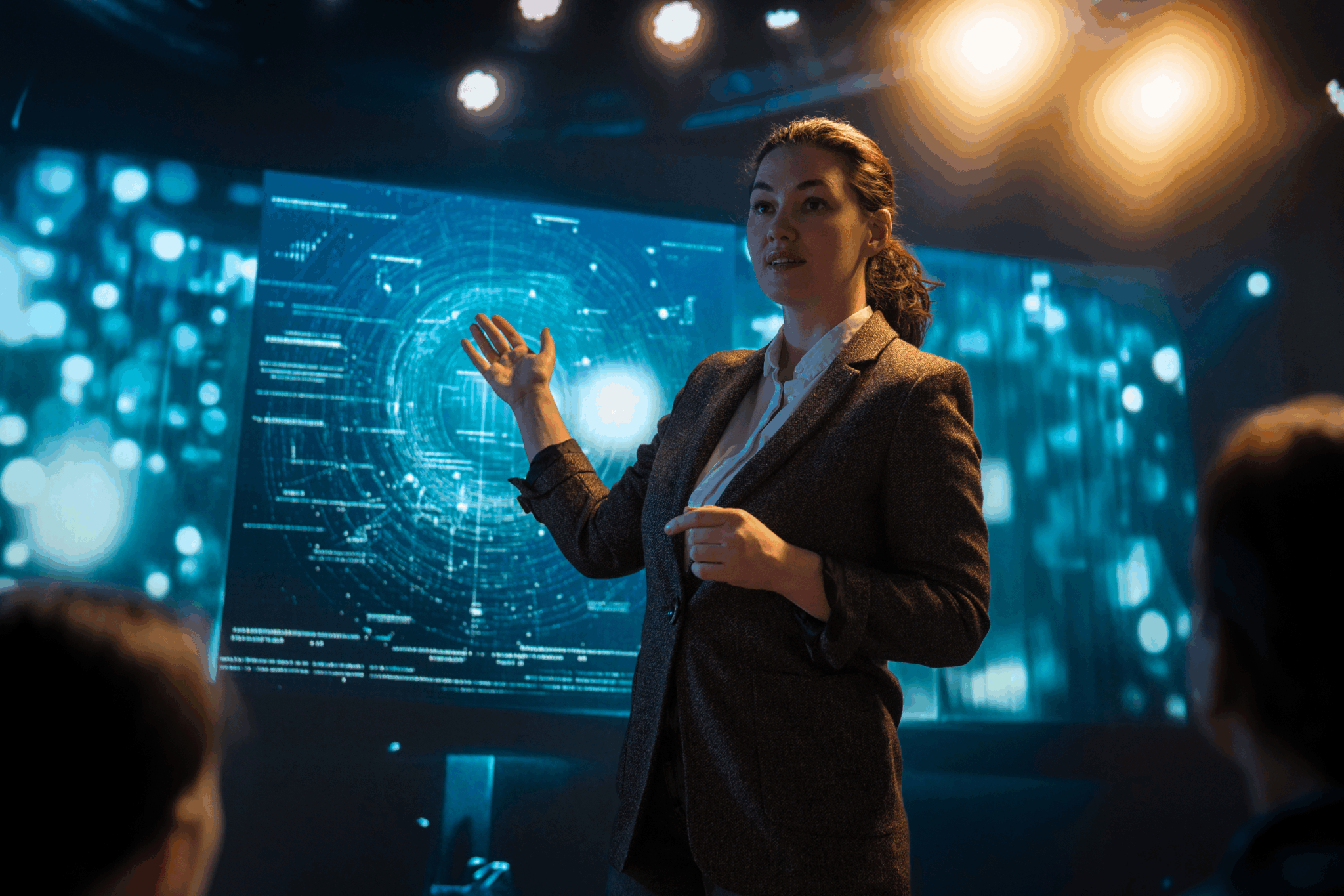 Woman presenting AI driven data analytics on a digital screen during a business presentation