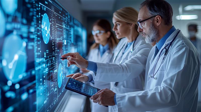 Healthcare professionals use digital dashboards and data analytics to manage revenue cycle operations improving billing accuracy patient data tracking and financial performance in a modern clinical setting