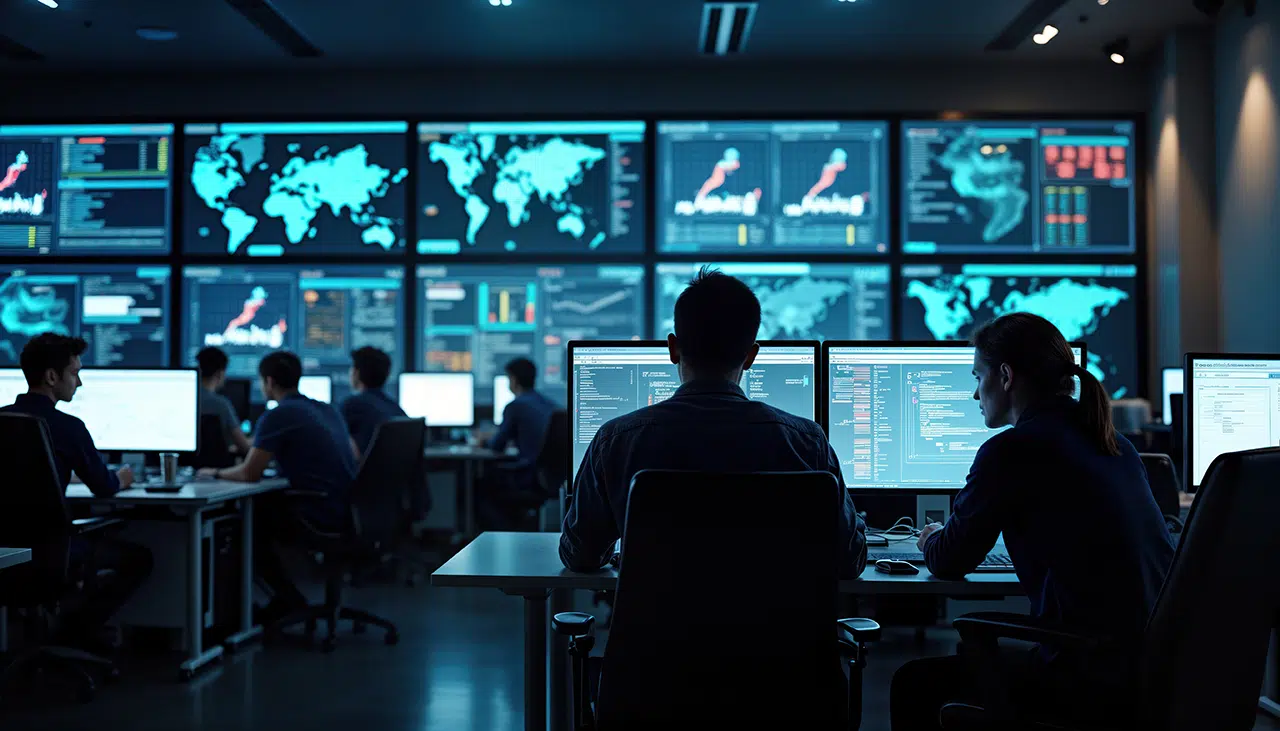 security operations center with incident response team monitoring cyber threats
