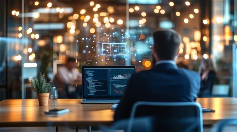 Male cybersecurity analyst working with code on laptop in a lightoffice