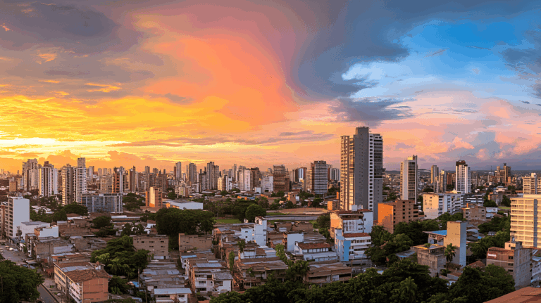 Panoramic view of a modern Latin American city skyline at sunset representing nearshoring growth
