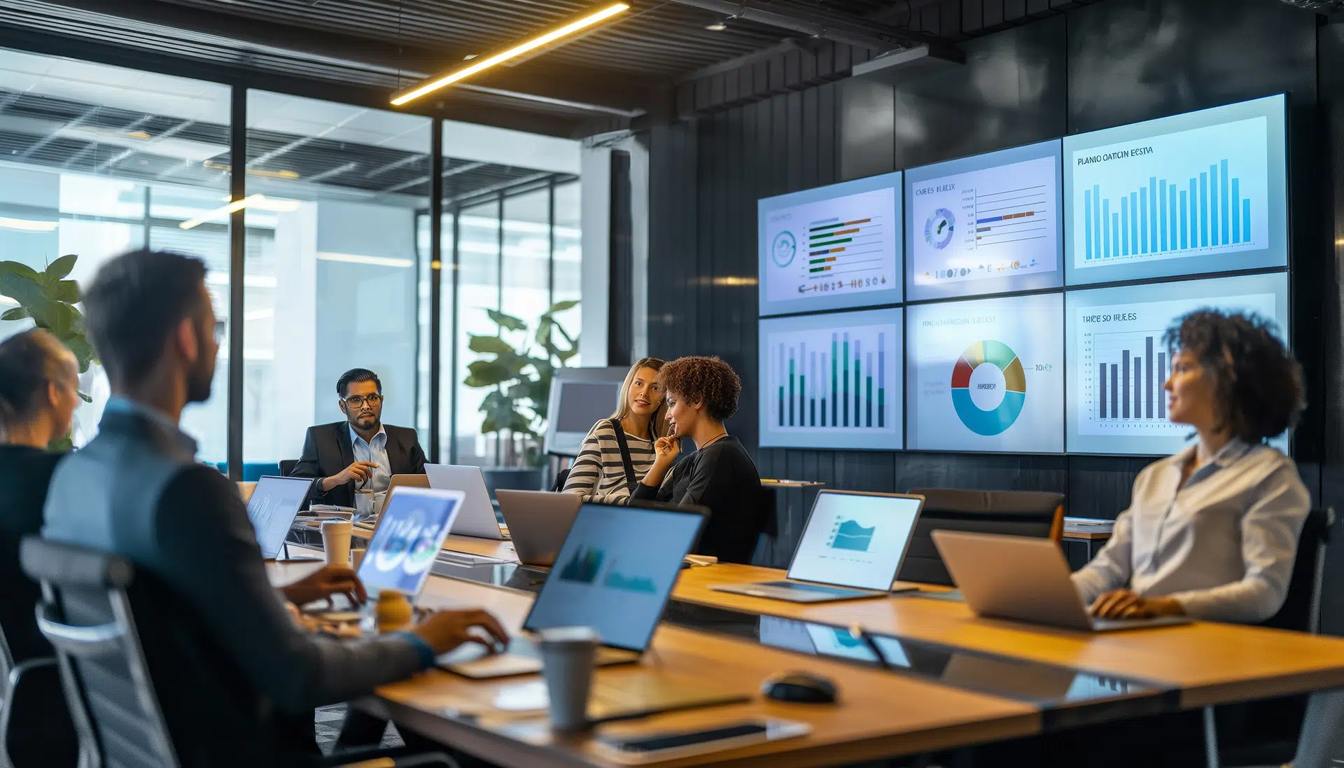 Finance shared services team reviewing performance dashboards in a modern meeting room with charts