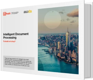 E book cover titled Intelligent Document Processing to build or to buy featuring city skyline at sunset