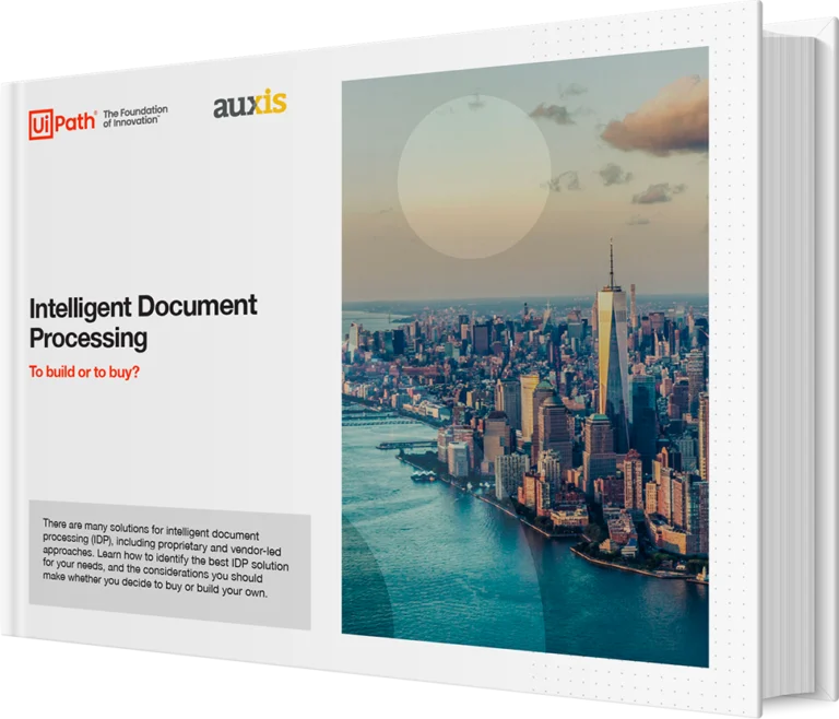 E book cover titled Intelligent Document Processing to build or to buy featuring city skyline at sunset