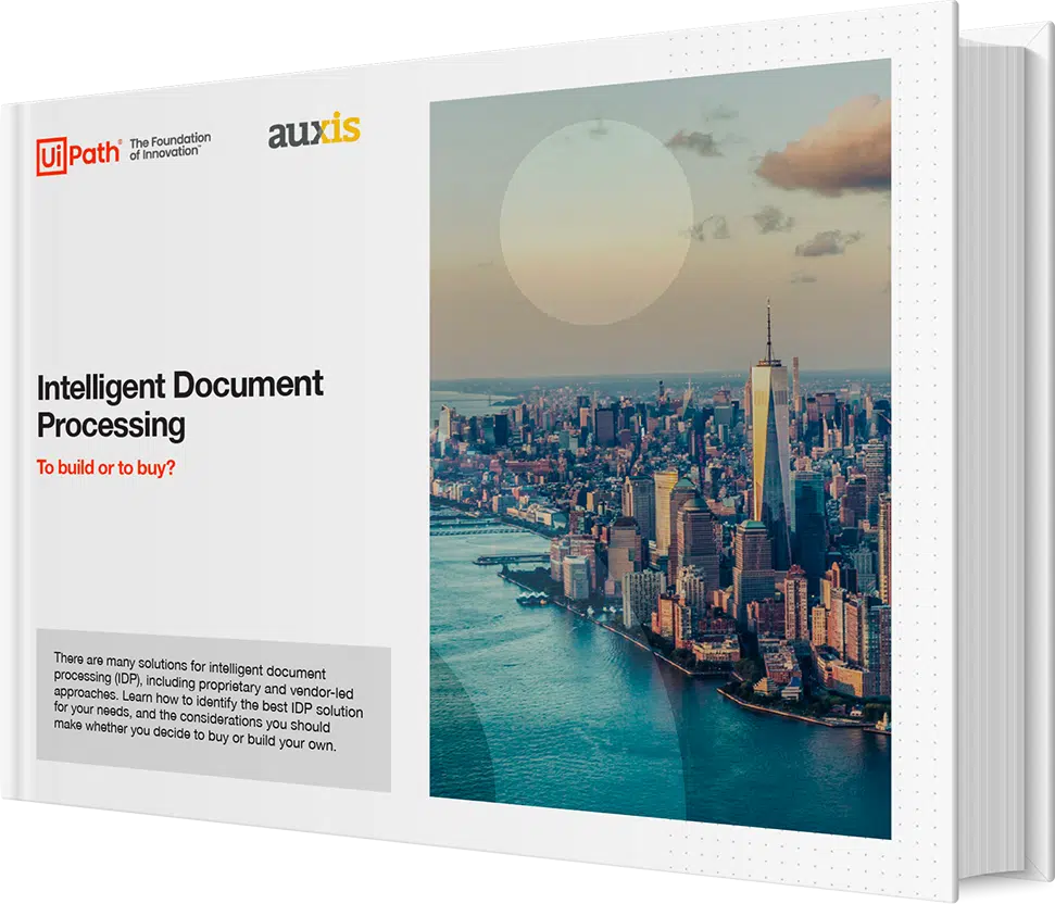 E book cover titled Intelligent Document Processing to build or to buy featuring city skyline at sunset