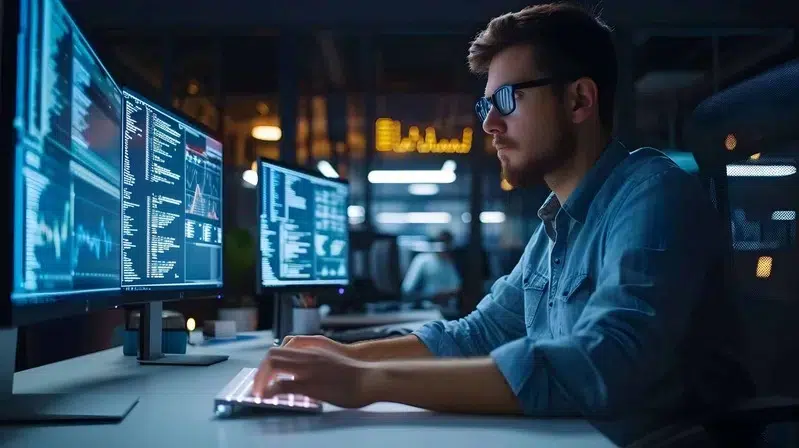 A focused professional working on multiple screens displaying data analytics highlighting the importance of RPA tools in automation