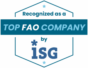 ISG badge highlighting recognition as a top FAO company featuring a blue background and bold text for visibility