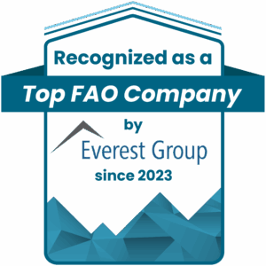 Top FAO Company badge design recognized by Everest Group since 2023 featuring a geometric mountain background