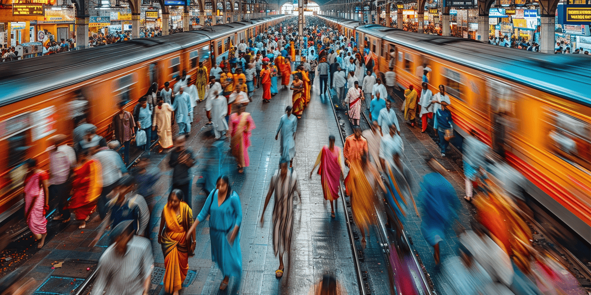 Busy railway station in India with a vibrant crowd showcasing the hustle of daily commuters amidst colorful clothing and trains