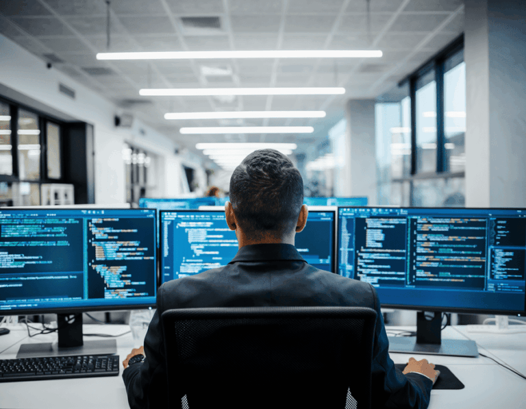 Software developer working on multiple monitors displaying code in a modern office environment