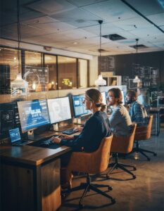 Three professionals collaborate in a modern office analyzing data on multiple screens in a tech focused environment