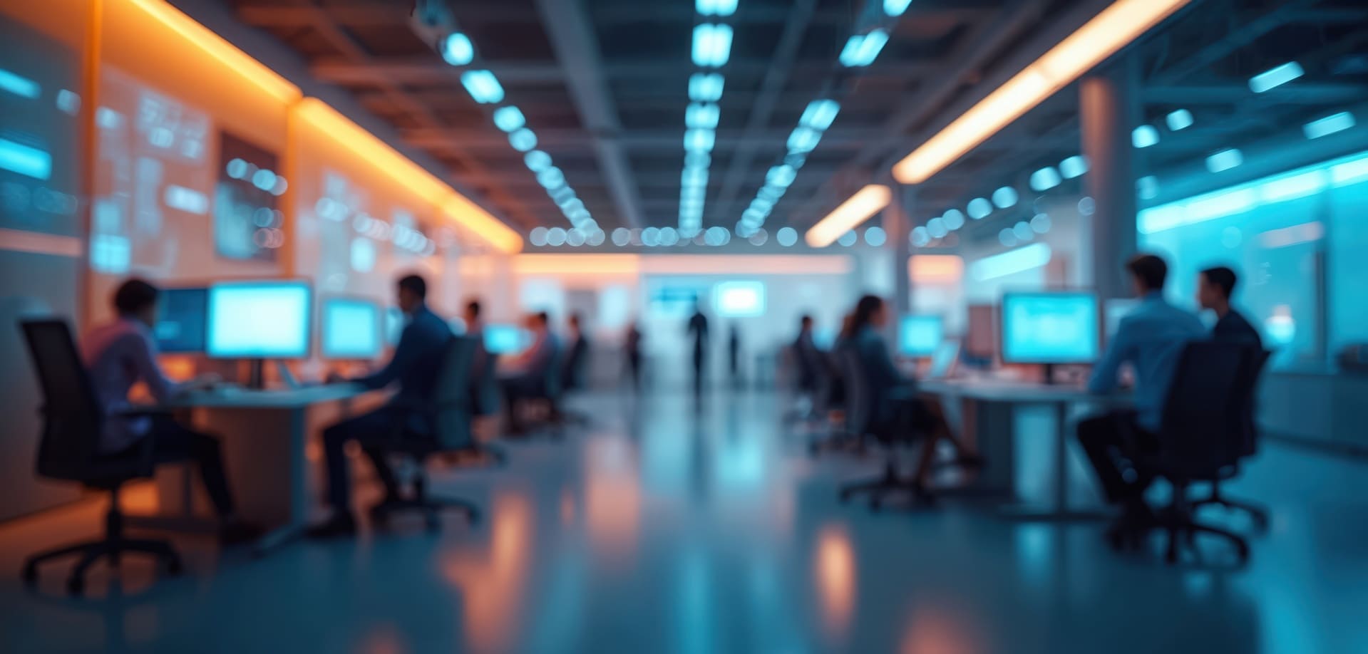 A modern office space with professionals working on computers illuminated by blue and orange lighting emphasizing teamwork and technology