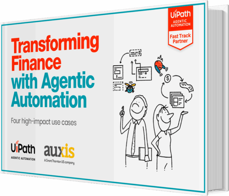 Transforming finance through Agentic Automation featuring illustrated characters discussing high impact use cases