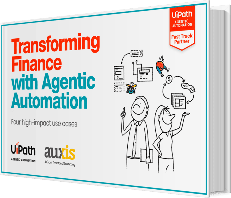 Transforming finance through Agentic Automation featuring illustrated characters discussing high impact use cases