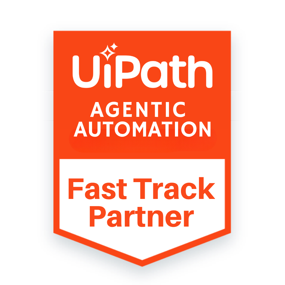 UiPath badge representing a Fast Track Partner in agentic automation highlighting expertise in automation solutions
