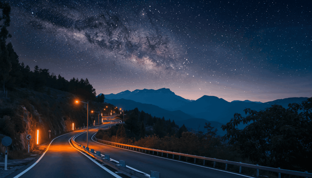 Winding road illuminated by streetlights under a starry sky showcasing the beauty of the Milky Way and mountainous landscape