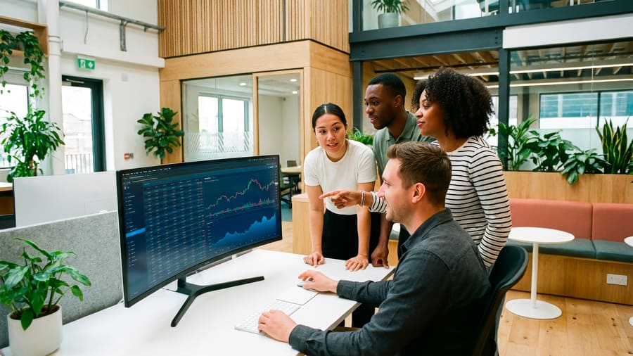 Team collaborating around a computer analyzing financial graphs and data in a modern office environment