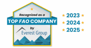 Award badge highlighting recognition as a top FAO company by Everest Group for 2023 2024 and 2025
