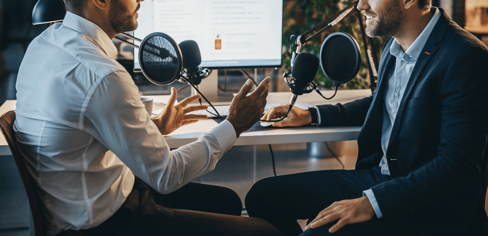 Two men engage in a lively podcast discussion microphones set up with a computer screen displaying notes and information