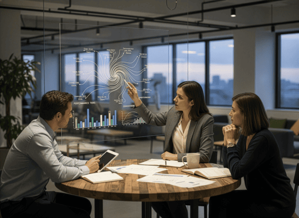 A professional meeting in a modern office discussing performance trends with a digital presentation