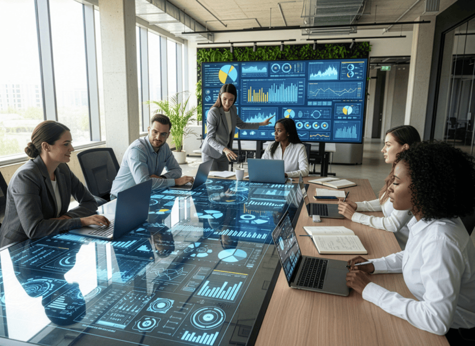 A diverse team collaborates in a modern conference room analyzing data on digital screens and a futuristic table