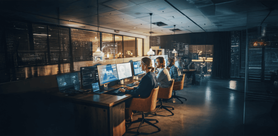 Three professionals work at computer stations in a dimly lit office analyzing data and monitoring systems