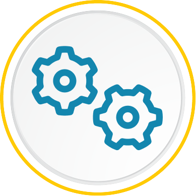 Two blue gears symbolizing mechanics and engineering processes representing the theme of innovation and technology