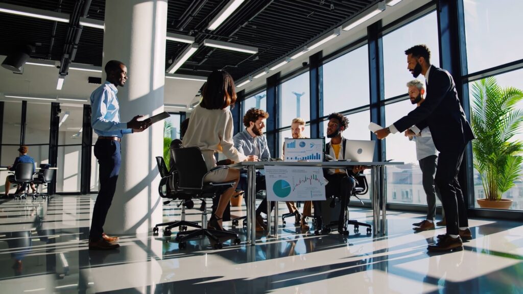 A diverse team collaborates in a modern office discussing business strategies with charts and laptops visible