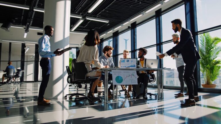 A diverse team collaborates in a modern office discussing business strategies with charts and laptops visible