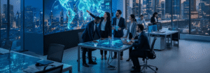 A team collaborates in a modern office analyzing data on a digital world map projection against a city skyline backdrop