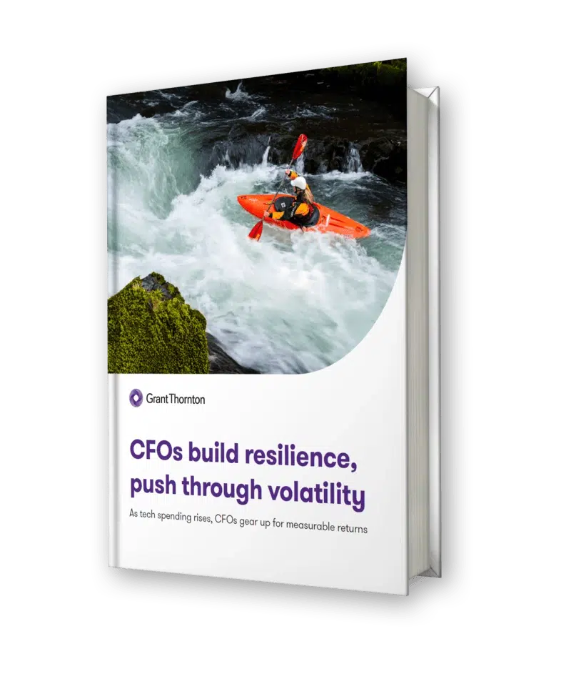 CFOs navigate challenges with resilience illustrated by a kayaker tackling turbulent waters in a dynamic financial landscape