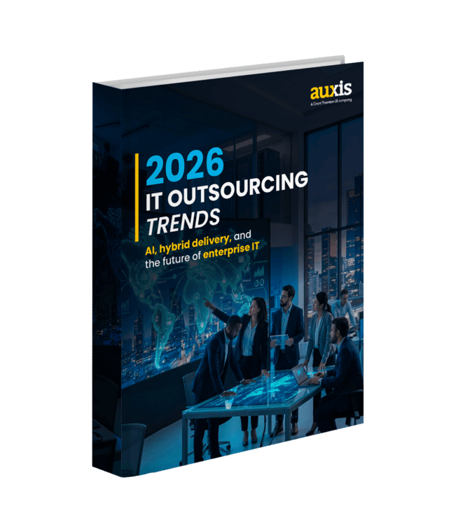 2026 IT outsourcing trends report highlighting AI hybrid delivery and the future of enterprise IT in a modern office setting