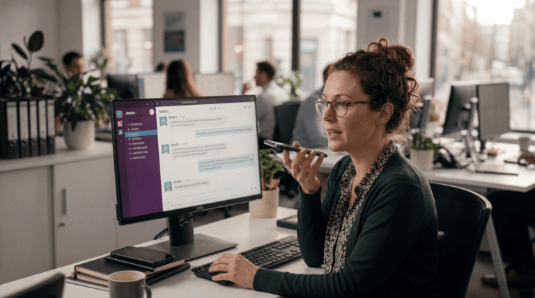 A professional woman engages in a voice chat while using a messaging app at her office desk