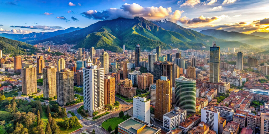Aerial view of a vibrant cityscape surrounded by mountains showcasing modern architecture and lush greenery