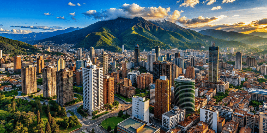 Vibrant city skyline of Medellín Colombia showcasing modern architecture against a backdrop of lush mountains