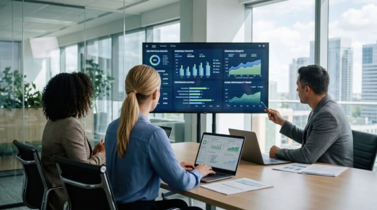 Business professionals analyze data on AI ROI discussing performance metrics and sustainability trends in a modern office setting