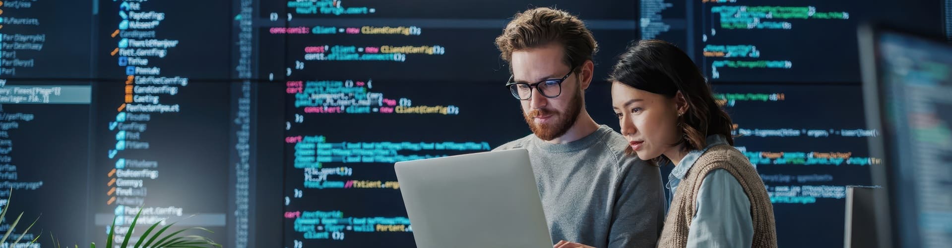 Two professionals collaborate on a laptop surrounded by coding screens highlighting IT outsourcing talent in Latin America