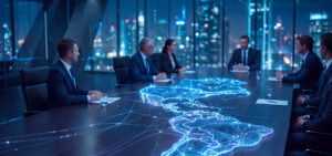 Business professionals discussing IT outsourcing trends in Latin America with a digital map glowing on the table