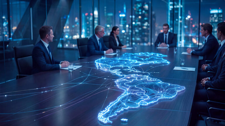 A group of professionals discusses emerging Latin America tech talent trends highlighted by a digital map of the region