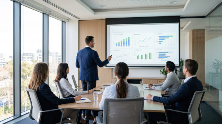 A business professional presents AI driven finance benchmarking data to a focused team in a modern conference room