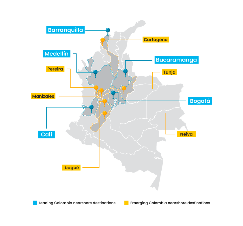 1-Leading-+-Emerging-Nearshore-Destinations-of-Colombia - Auxis Map highlighting Colombia's leading nearshore cities, including Bogotá, Medellín, and Cali, for business opportunities.