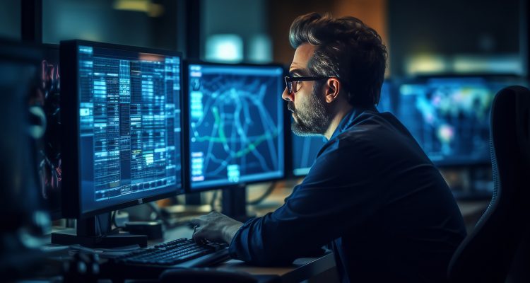 Close-up Shot of man IT Engineer Working in Monitoring Room. He Works with Multiple Displays. Data analytics