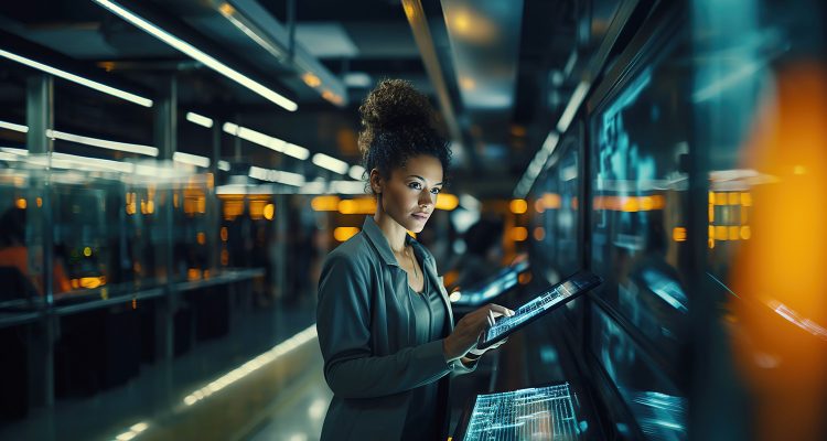 Black female, Chief Technology Officer, using a tablet standing in Big Data Center