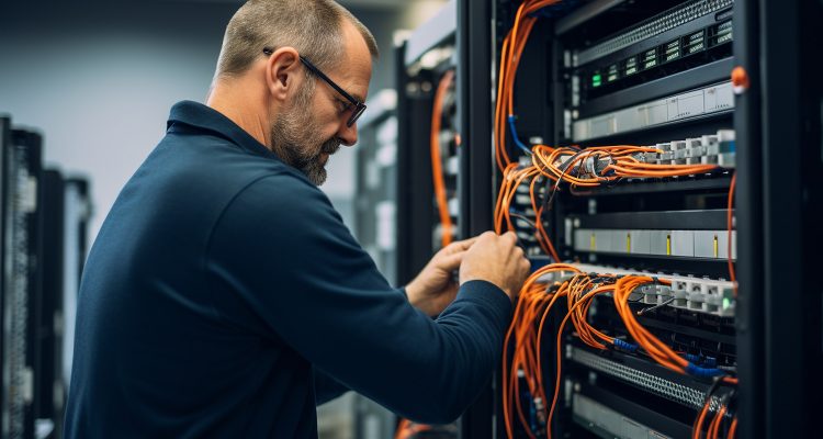 An IT specialist in a server room, carefully managing and organi