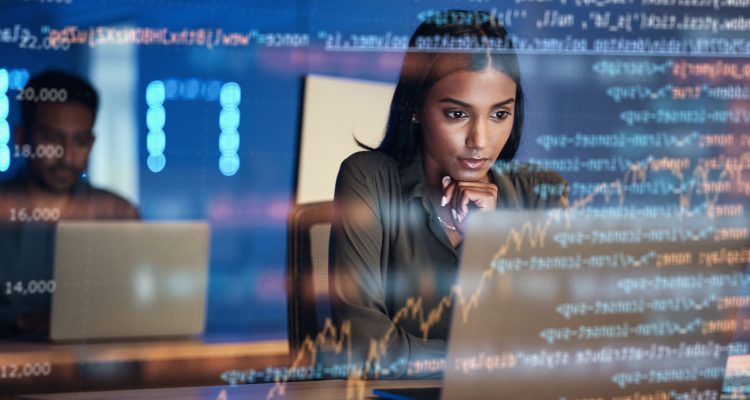 Laptop, code hologram and woman thinking of data analytics, information technology or software overlay at night. Computer and IT people solution with algorithm, statistics and cybersecurity research.